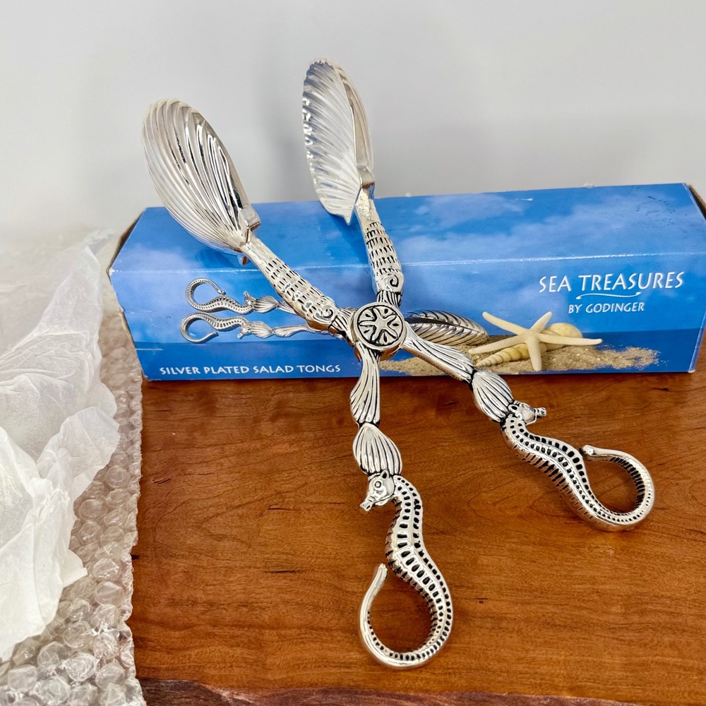 New Godinger Sea Treasures Silver Plated Seahorse Shell Salad Tongs Vintage